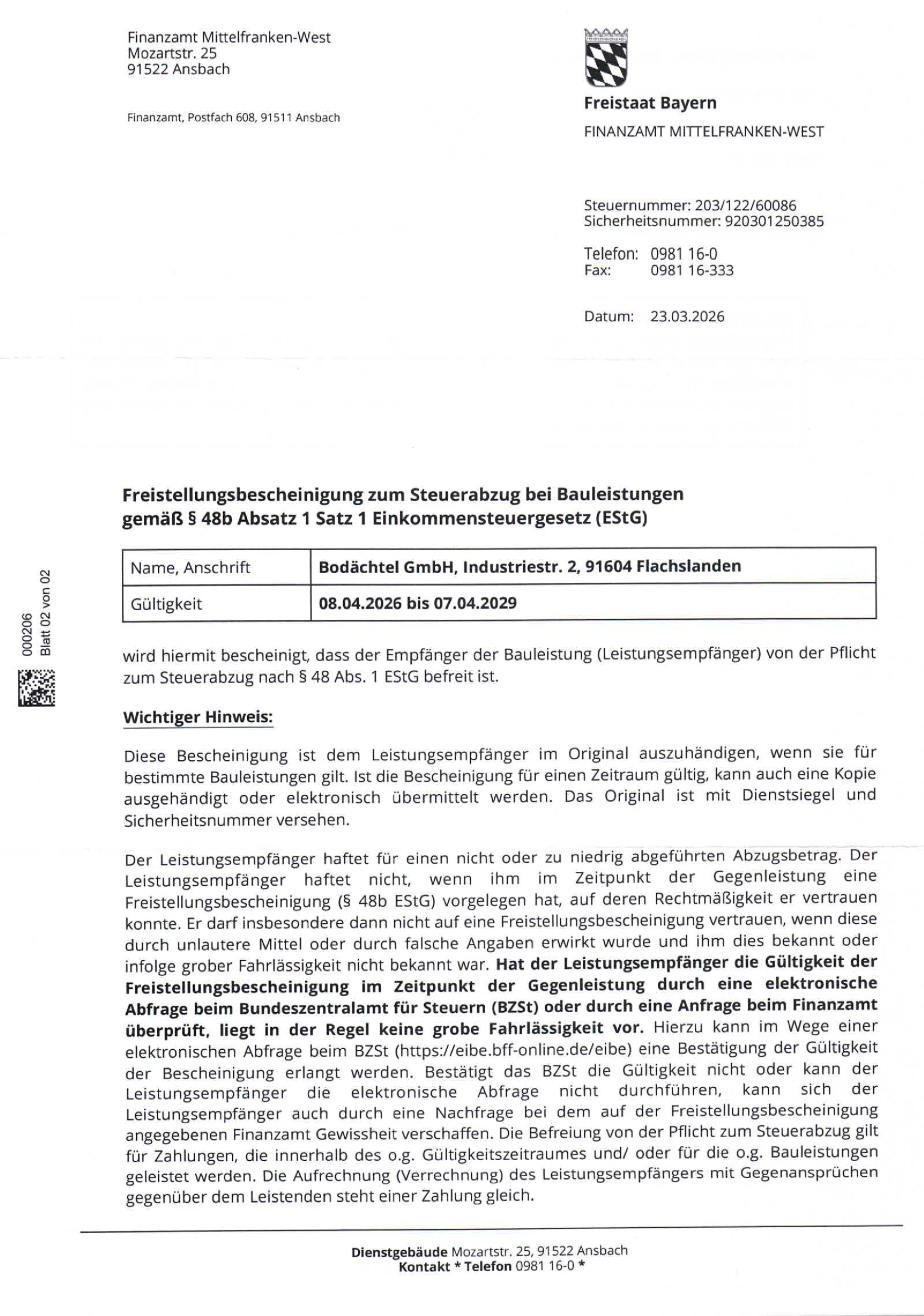Freistellungsbescheinigung nach §48 EStG - 07.04.2029-1
