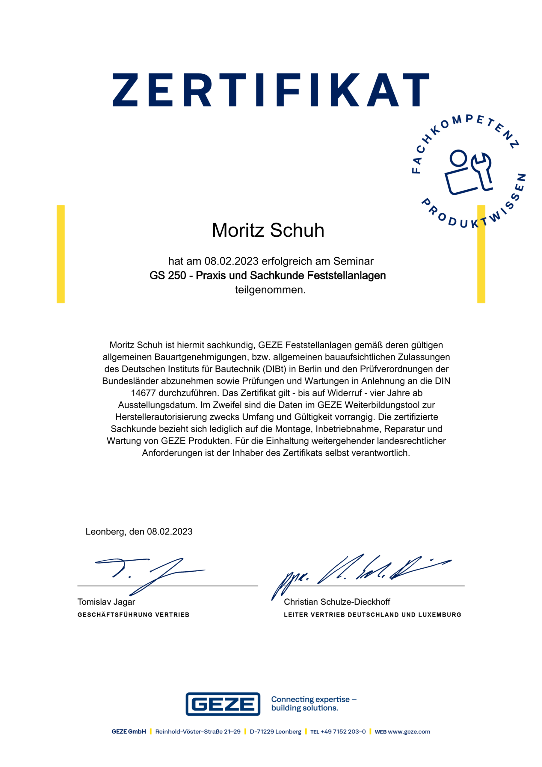 GEZE Zertifikat bis 2027 _Schuh Moritz